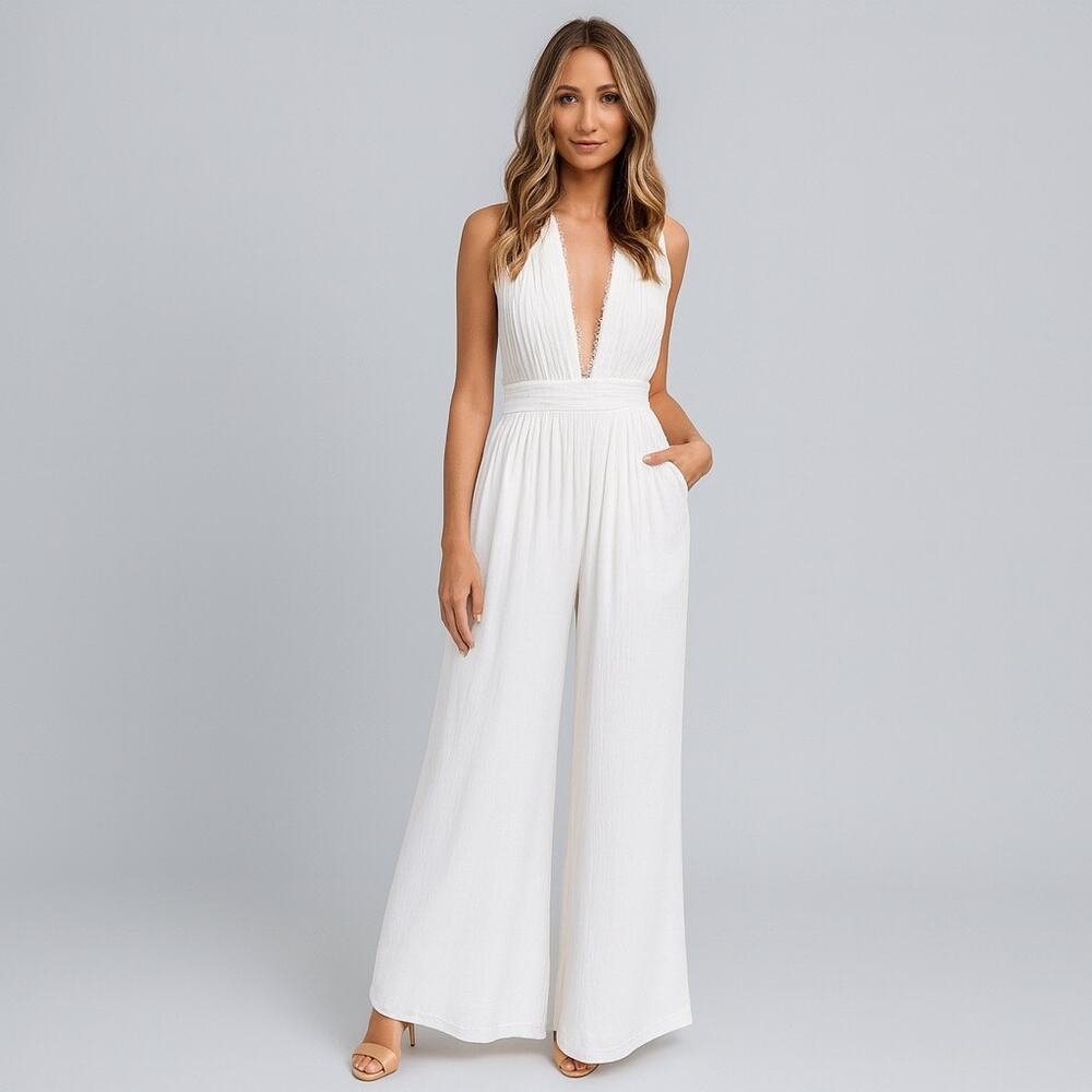 TJD Jetset Diaries Wide Leg White Hammock Jumpsuit XS Bridal Bachelorette Halter